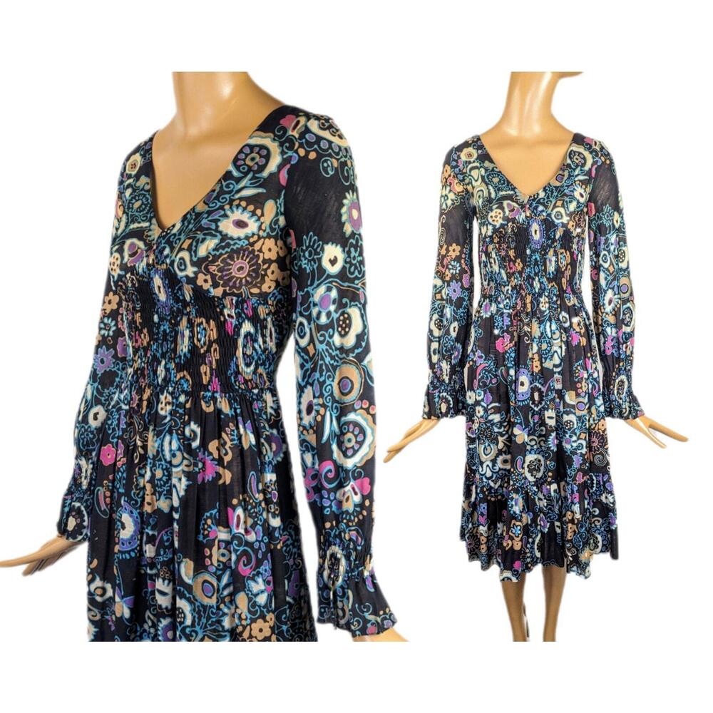 Vintage‎ 1960s Dark Floral Psychedelic Cotton Minidress Bell Sleeve Flare